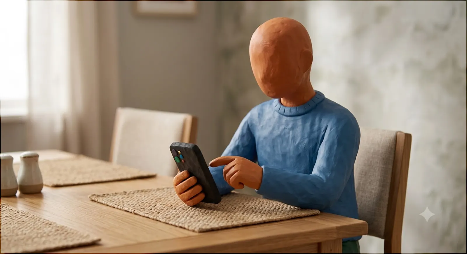 A clay figure alone at a kitchen table, reading his phone.