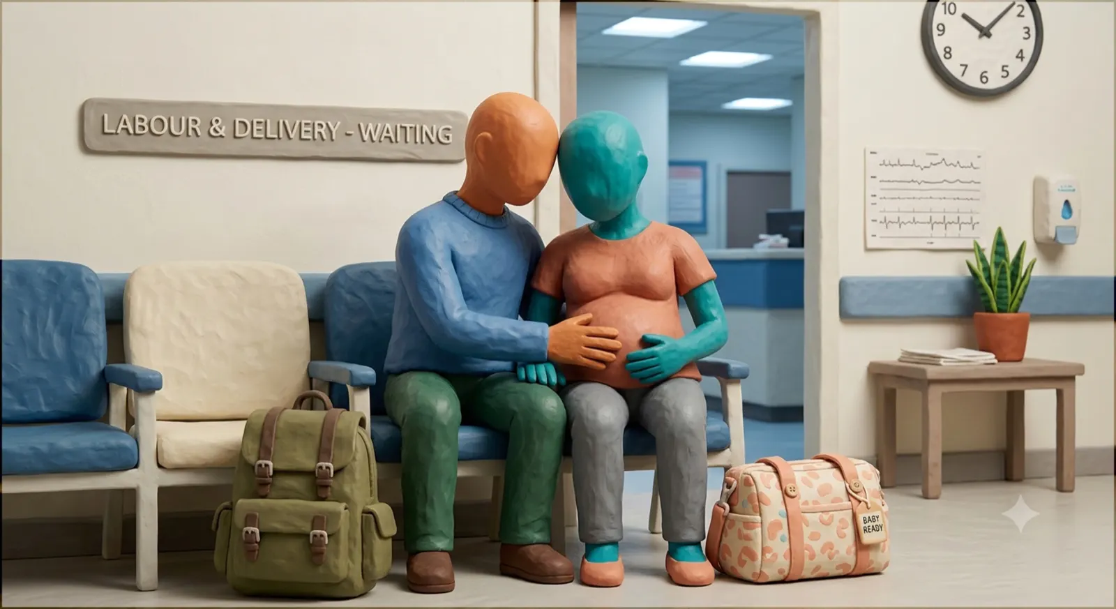Two clay figures in a labour and delivery waiting room with bags packed.