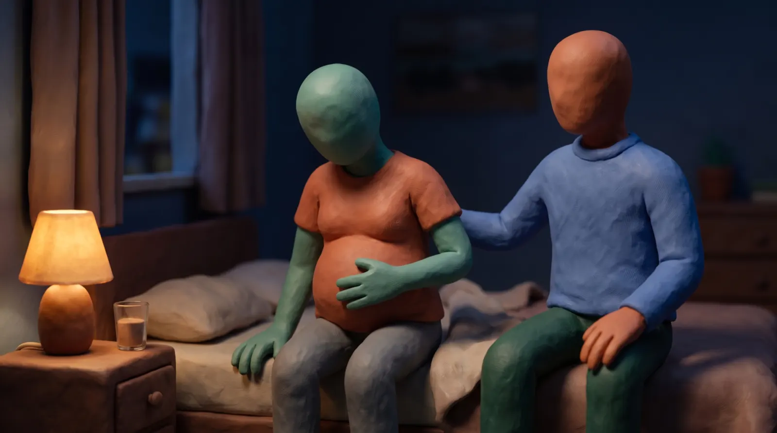 A dark bedroom at 3am; one clay figure sits on the edge of the bed, the other's hand on her back.