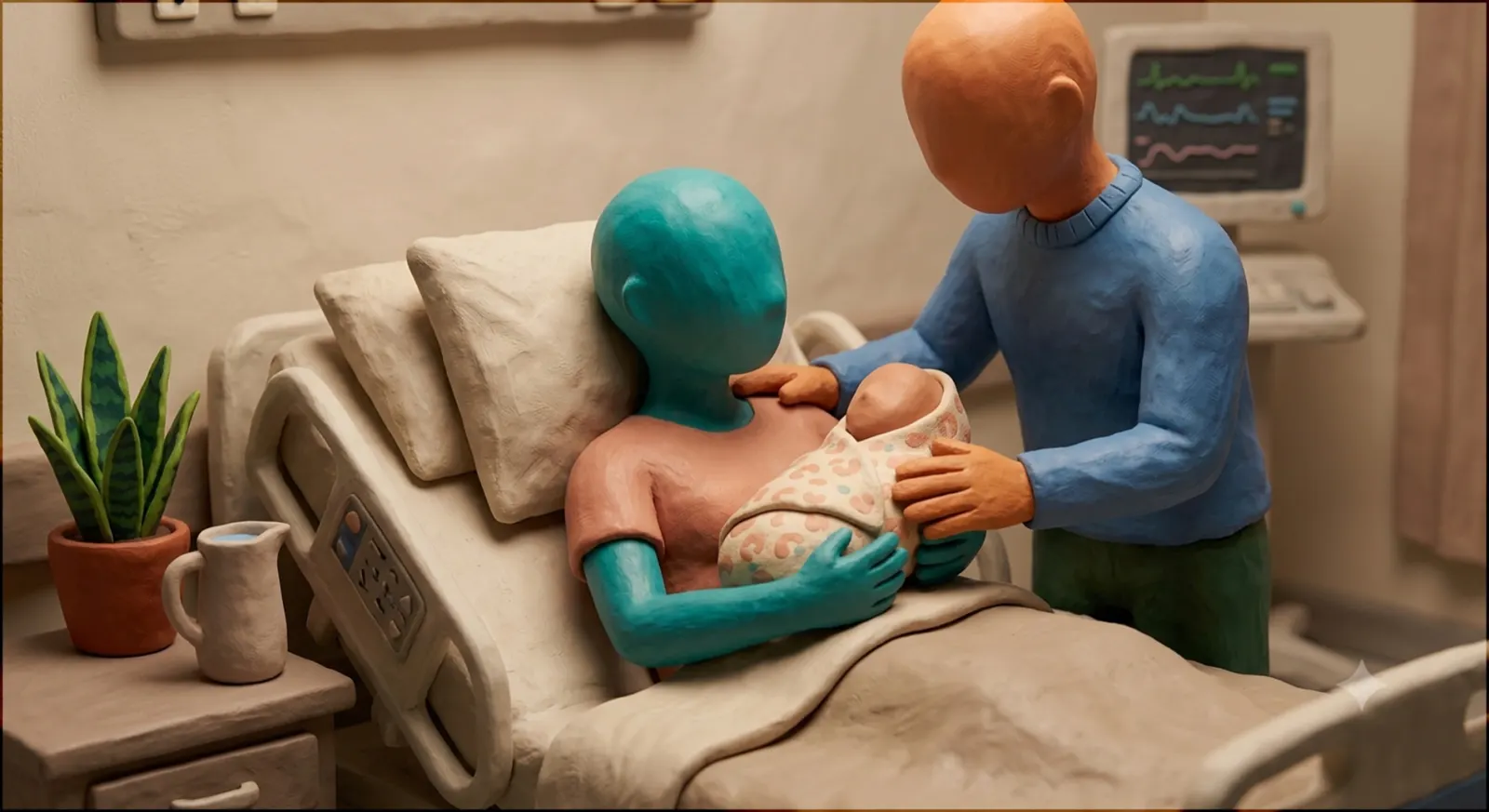 A clay figure holds their newborn against her chest; the partner's hands rest on them both.