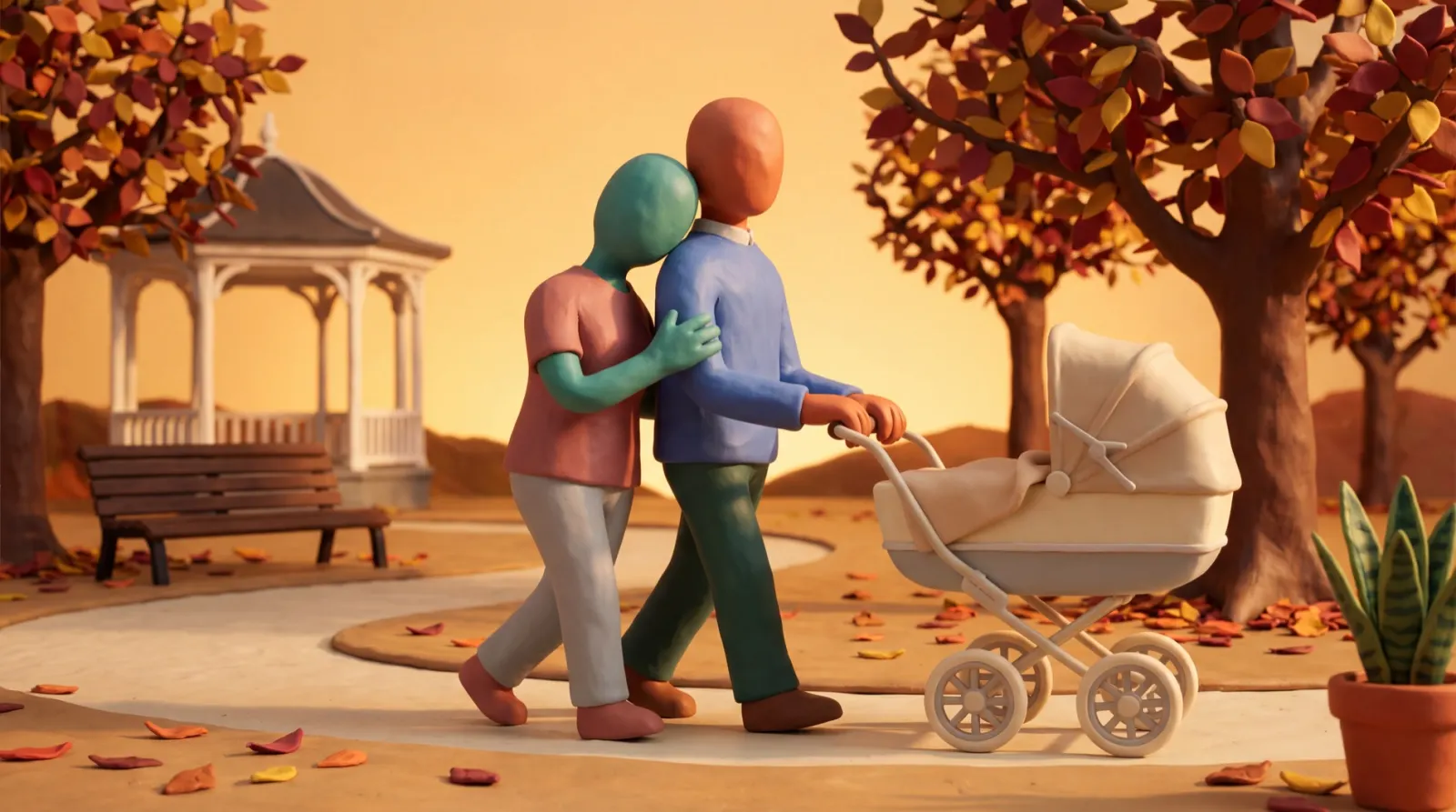 Two clay figures walking a pram through an autumn park.