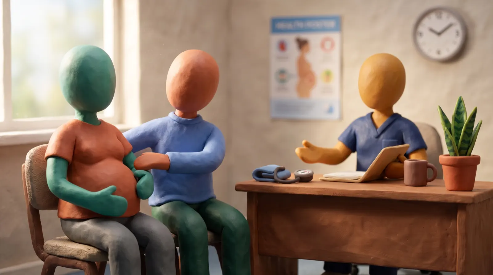 Three clay figures in a midwife's consulting room.