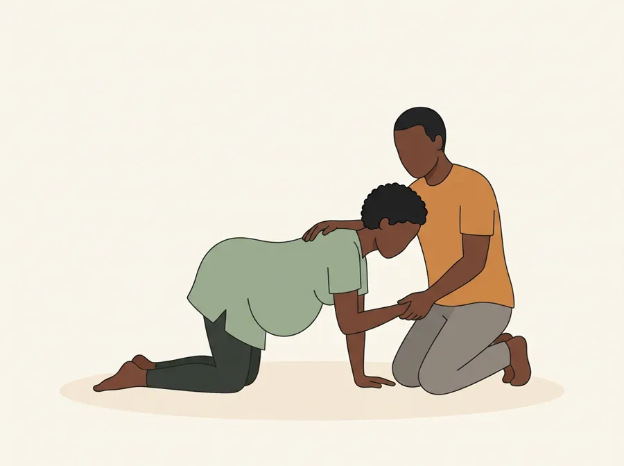 She rocks slowly on hands and knees while her partner kneels at her shoulder, one hand on her upper back and the other holding her hand.