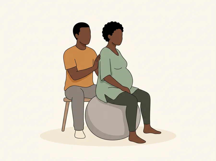 She sits upright on a birth ball circling her hips, her partner steadying her from behind.