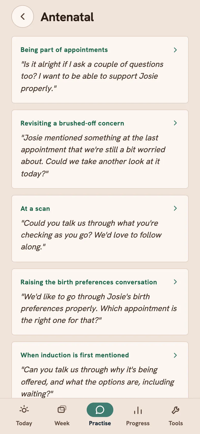 Advocacy scripts, each showing the exact sentence to say out loud.