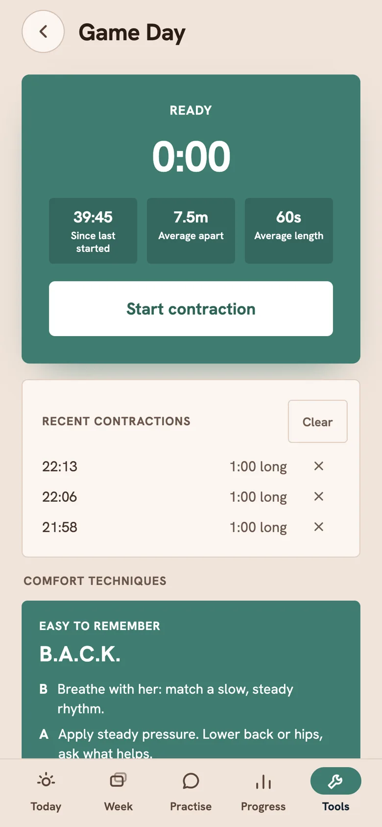 The labour screen with the contraction timer running.